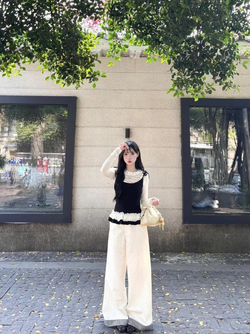 Korean lace fake two-piece suspender top wide-leg pants suit women's summer high-end sense of age-reducing fashion suit early autumn