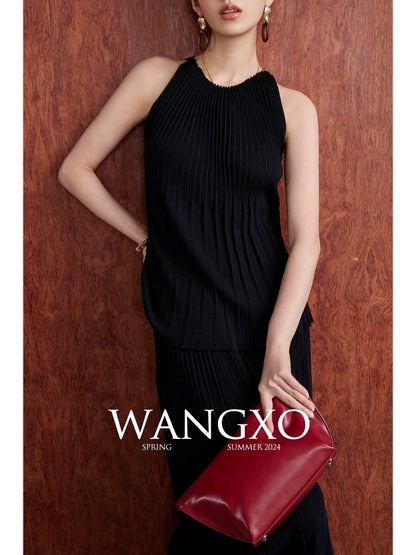 WANGXO｜Earl Silk Cotton High Twist Worsted Craft｜Single Collar Waistcoat Style Accordion Pleated Design Knitted Suit