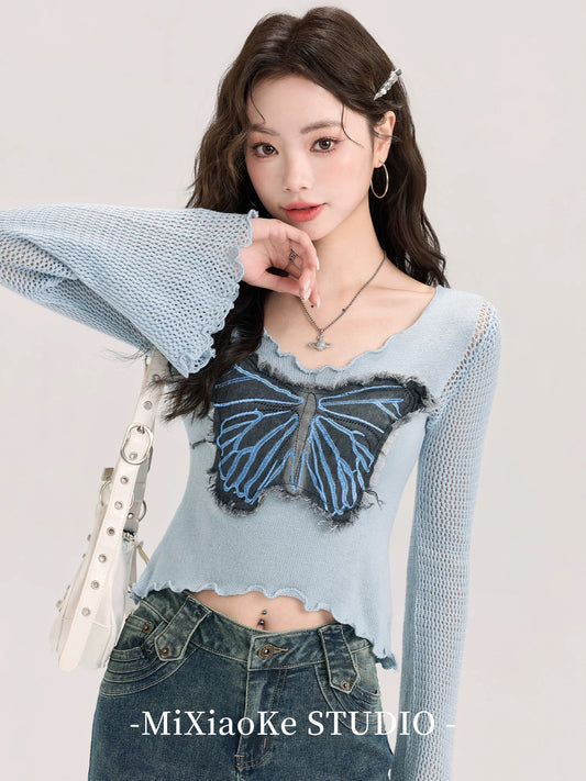 Mi Xiaoke design butterfly print hollow long-sleeved T-shirt female autumn American retro sweet hot girl short top