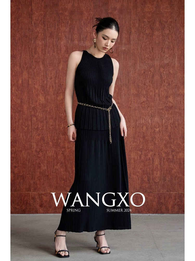 WANGXO｜Earl Silk Cotton High Twist Worsted Craft｜Single Collar Waistcoat Style Accordion Pleated Design Knitted Suit