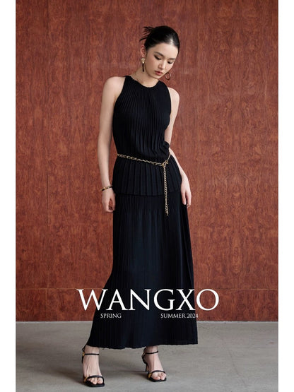 WANGXO｜Earl Silk Cotton High Twist Worsted Craft｜Single Collar Waistcoat Style Accordion Pleated Design Knitted Suit