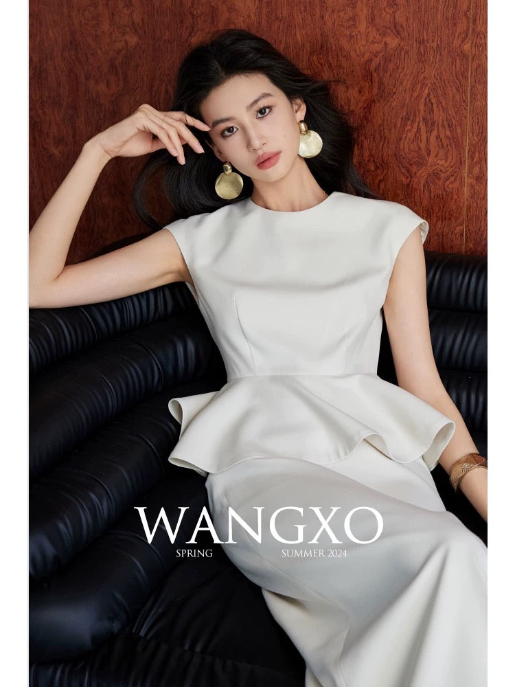 WANGXO｜Heavy double-faced piqué woven material｜Hepburn style waisted umbrella top & high waisted skirt set