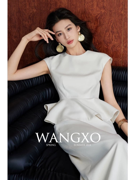 WANGXO｜Heavy double-faced piqué woven material｜Hepburn style waisted umbrella top & high waisted skirt set