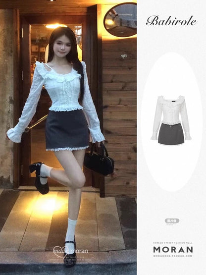 French sweet and spicy one-shoulder ruffled top half-length A-line skirt suit female 2025 super hot petite two-piece suit