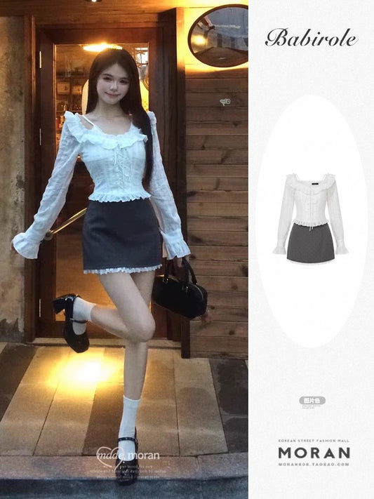 French sweet and spicy one-shoulder ruffled top half-length A-line skirt suit female 2025 super hot petite two-piece suit