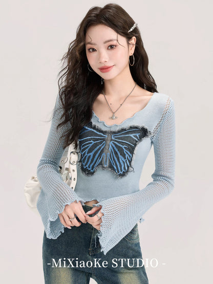 Mi Xiaoke design butterfly print hollow long-sleeved T-shirt female autumn American retro sweet hot girl short top