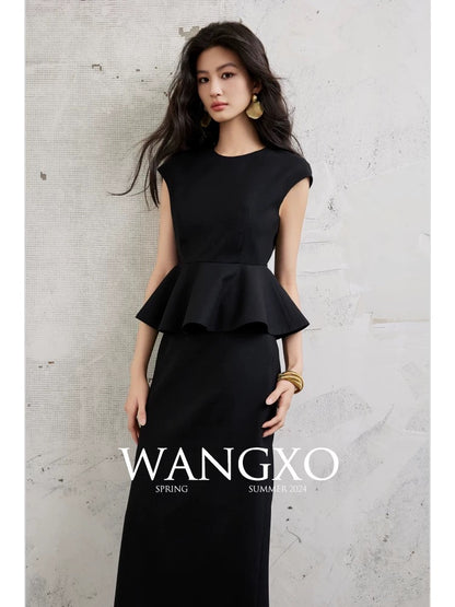 WANGXO｜Heavy double-faced piqué woven material｜Hepburn style waisted umbrella top & high waisted skirt set