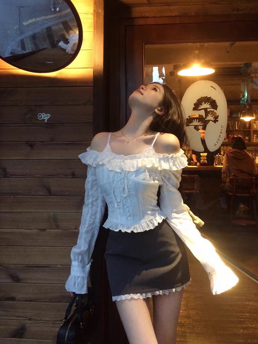 French sweet and spicy one-shoulder ruffled top half-length A-line skirt suit female 2025 super hot petite two-piece suit