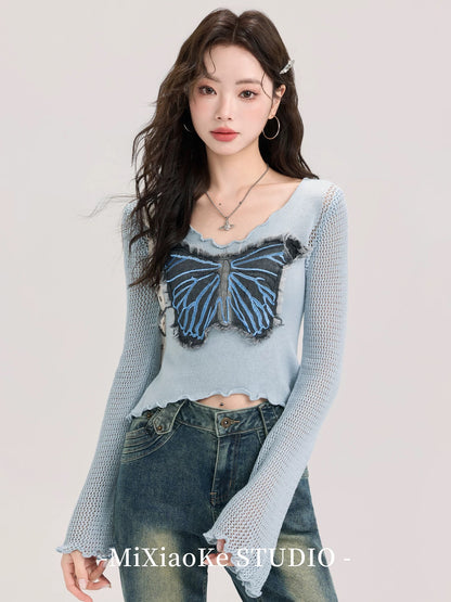 Mi Xiaoke design butterfly print hollow long-sleeved T-shirt female autumn American retro sweet hot girl short top