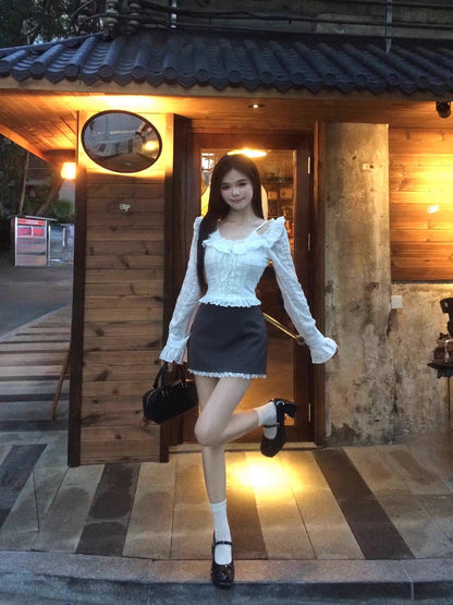 French sweet and spicy one-shoulder ruffled top half-length A-line skirt suit female 2025 super hot petite two-piece suit