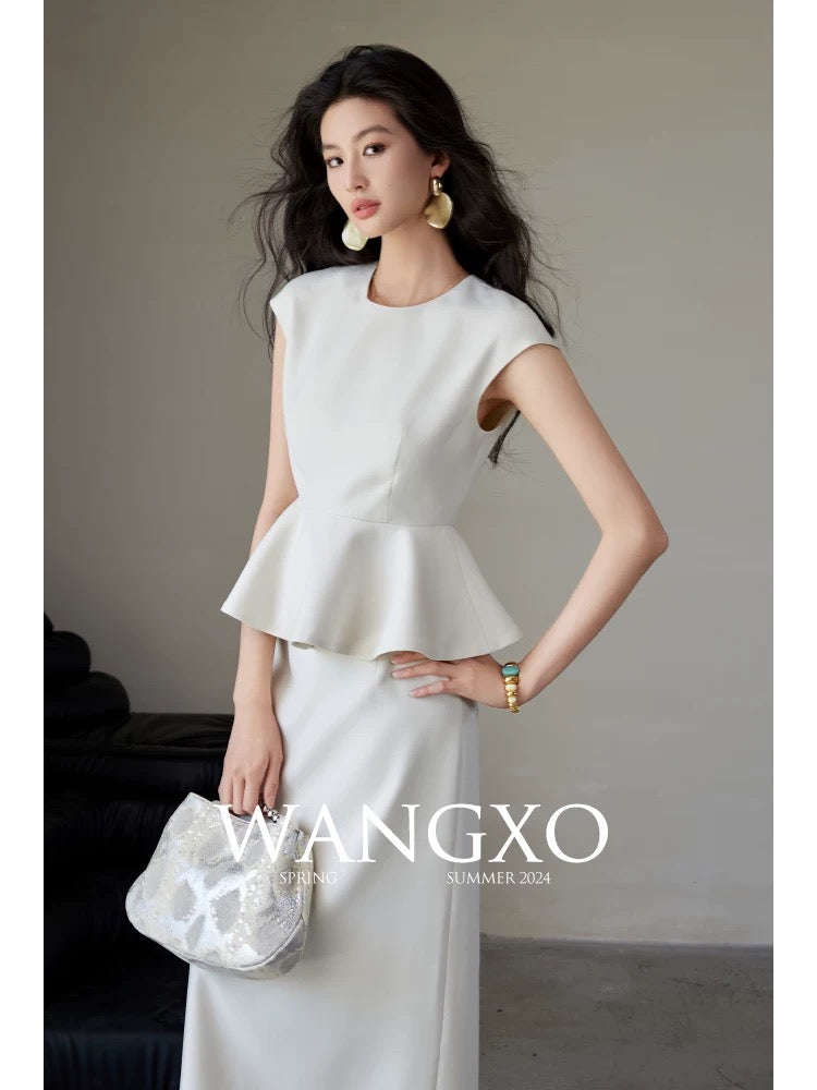 WANGXO｜Heavy double-faced piqué woven material｜Hepburn style waisted umbrella top & high waisted skirt set