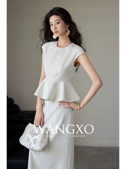 WANGXO｜Heavy double-faced piqué woven material｜Hepburn style waisted umbrella top & high waisted skirt set