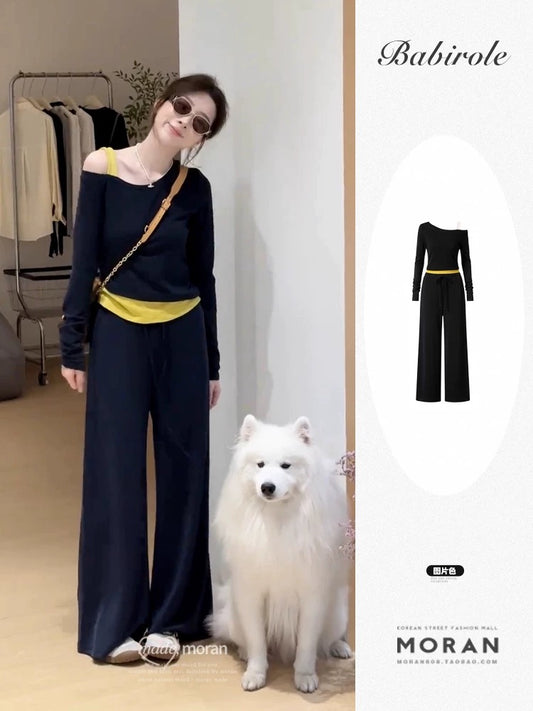 Korean casual sports style contrast color oblique collar off-shoulder top wide-leg pants suit women's autumn niche wear two-piece suit