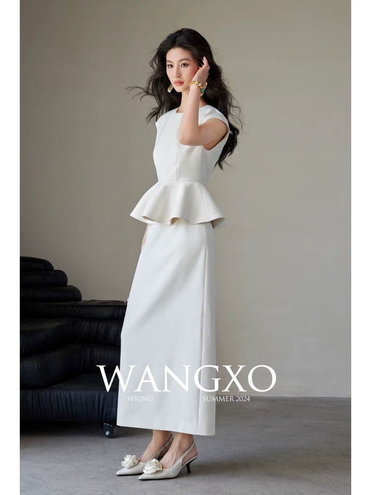 WANGXO｜Heavy double-faced piqué woven material｜Hepburn style waisted umbrella top & high waisted skirt set