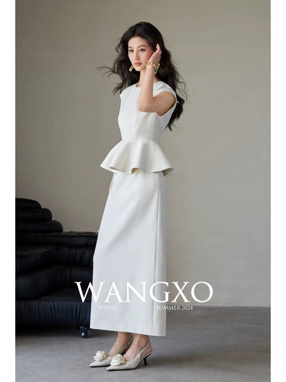 WANGXO｜Heavy double-faced piqué woven material｜Hepburn style waisted umbrella top & high waisted skirt set