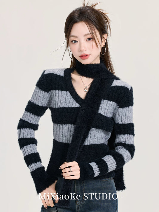 Mi Xiaoke contrast color striped V-neck mohair sweater for women autumn and winter mink velvet thickened knitted sweater short top