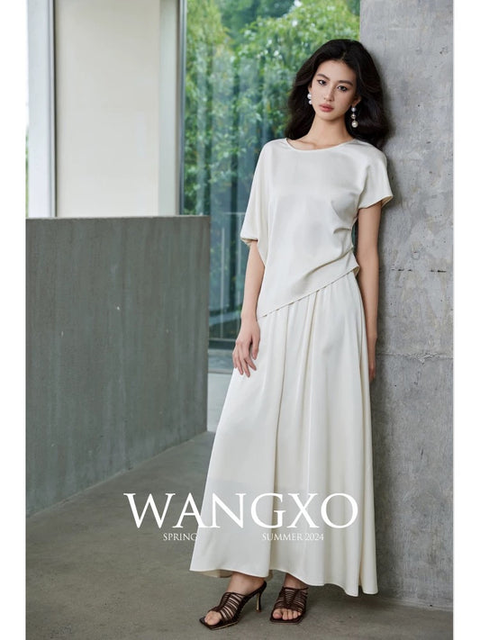 WANGXO｜Asymmetric pleated top made of hemp satin acetate｜Double-layer organza skirt suit with large hem