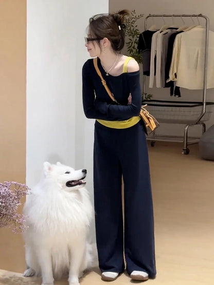 Korean casual sports style contrast color oblique collar off-shoulder top wide-leg pants suit women's autumn niche wear two-piece suit