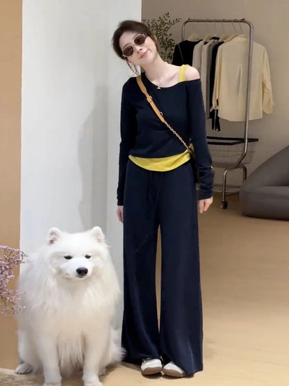 Korean casual sports style contrast color oblique collar off-shoulder top wide-leg pants suit women's autumn niche wear two-piece suit