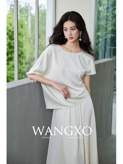 WANGXO｜Asymmetric pleated top made of hemp satin acetate｜Double-layer organza skirt suit with large hem