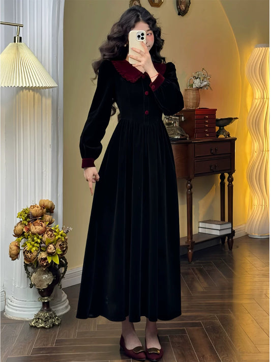 Mrs. Xiao's 2024 new women's autumn and winter French retro high-end wear black velvet dress for children