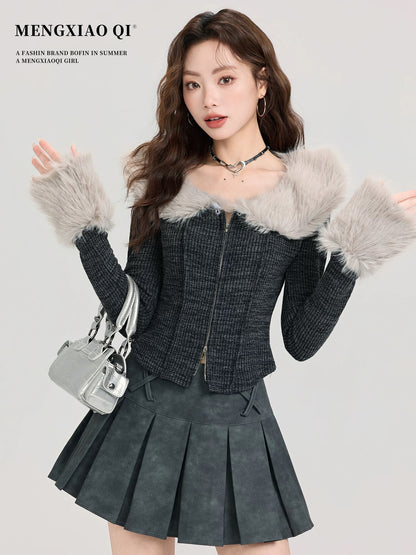 Meng Xiaoqi lapel mink velvet zipper sweater jacket for women autumn and winter high-end temperament short knitted cardigan top