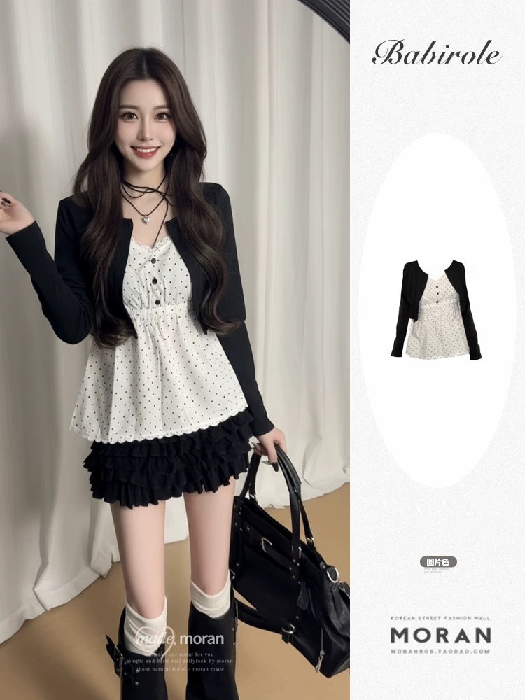 Korean style early autumn atmosphere wear top two-piece suit women's autumn design slim knitted cardigan polka dot suspenders