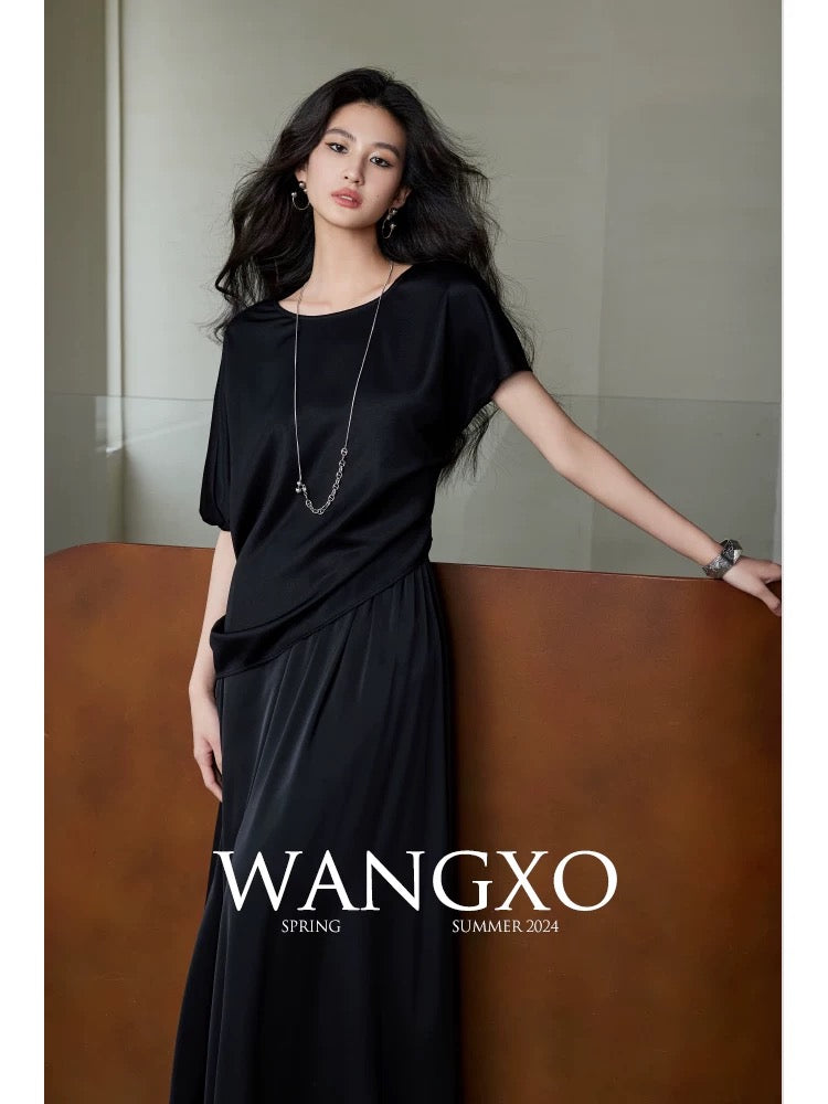WANGXO｜Asymmetric pleated top made of hemp satin acetate｜Double-layer organza skirt suit with large hem