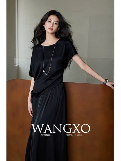 WANGXO｜Asymmetric pleated top made of hemp satin acetate｜Double-layer organza skirt suit with large hem