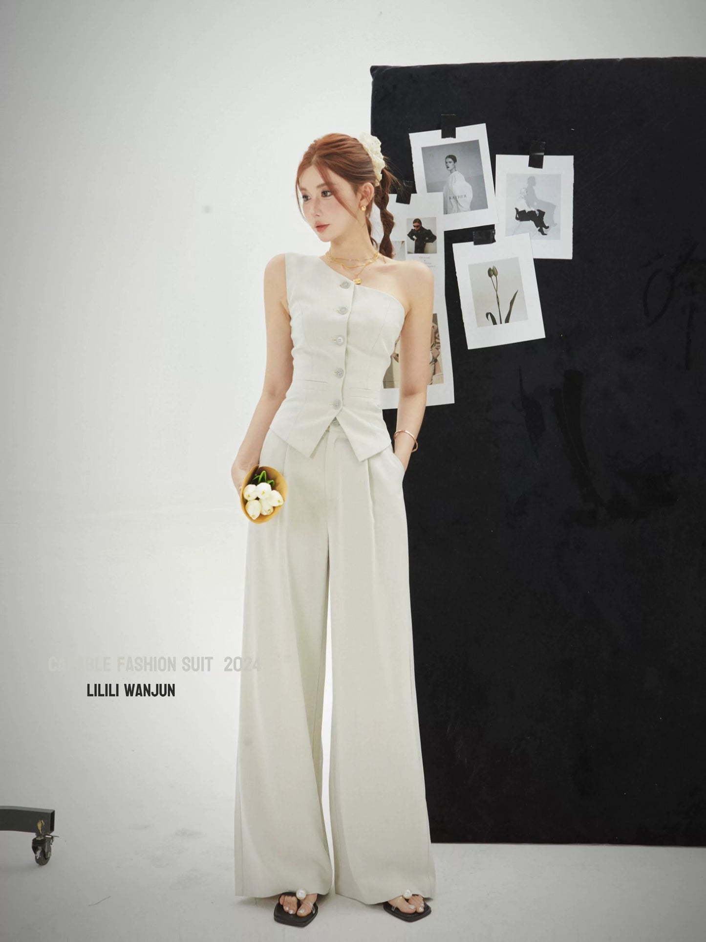 Li Wanjun Fashionable Casual Two-piece Suit Women's Summer 2024 New Sleeveless Vest Top Suit Wide Leg Pants