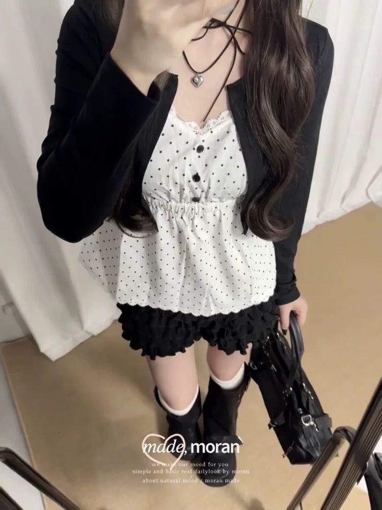 Korean style early autumn atmosphere wear top two-piece suit women's autumn design slim knitted cardigan polka dot suspenders