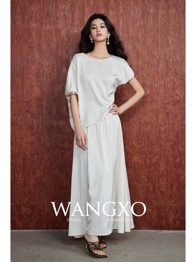 WANGXO｜Asymmetric pleated top made of hemp satin acetate｜Double-layer organza skirt suit with large hem