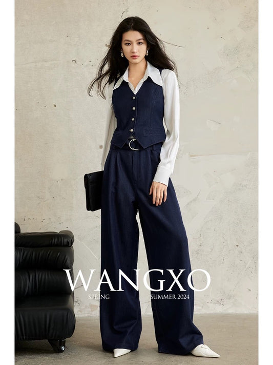 WANGXO丨Thickened Imitation Denim Bamboo Cotton丨Gypsy Style Sleeveless Vest & High Waist Wide Leg Pants Two-piece Set