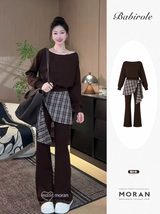 Korean autumn and winter fashion atmosphere wear a complete set of off-shoulder sweatshirt flared trousers two-piece suit casual sports