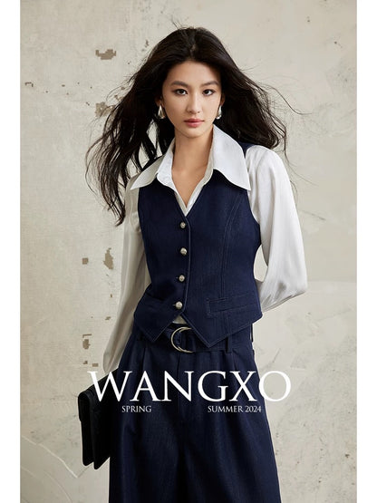 WANGXO丨Thickened Imitation Denim Bamboo Cotton丨Gypsy Style Sleeveless Vest & High Waist Wide Leg Pants Two-piece Set