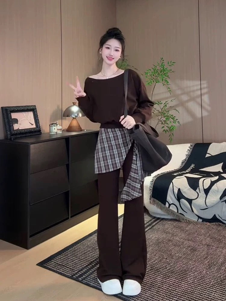 Korean autumn and winter fashion atmosphere wear a complete set of off-shoulder sweatshirt flared trousers two-piece suit casual sports