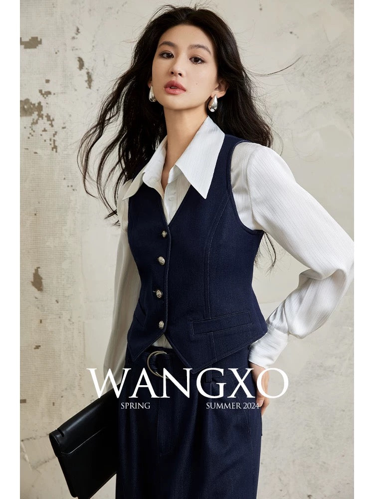 WANGXO丨Thickened Imitation Denim Bamboo Cotton丨Gypsy Style Sleeveless Vest & High Waist Wide Leg Pants Two-piece Set