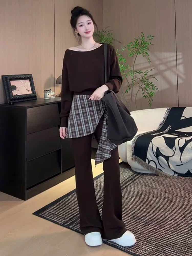 Korean autumn and winter fashion atmosphere wear a complete set of off-shoulder sweatshirt flared trousers two-piece suit casual sports