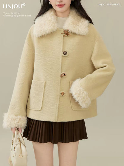 Lingjiu "Su Rong Qing Kou" Women's Cropped Wool-Blend Jacket with Lapel – 2026 New Loose-Fit Petite Wool Coat