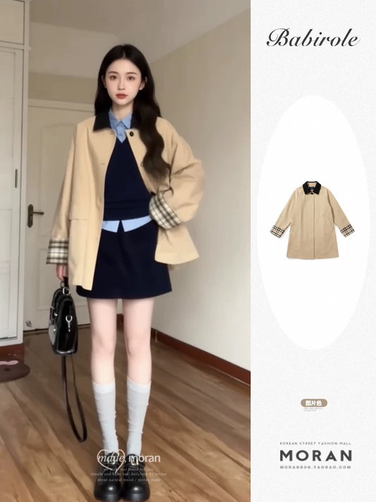Retro British style pattern patchwork short windbreaker coat for women autumn petite loose design jacket top