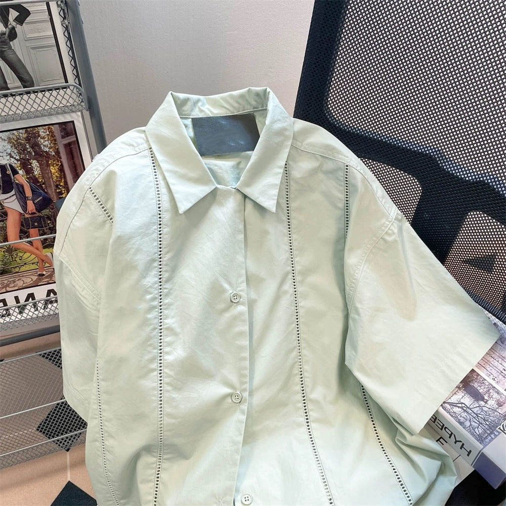 Japanese lazy Hong Kong style oversize short-sleeved shirt jacket for men and women summer high-end design niche half-sleeved tops