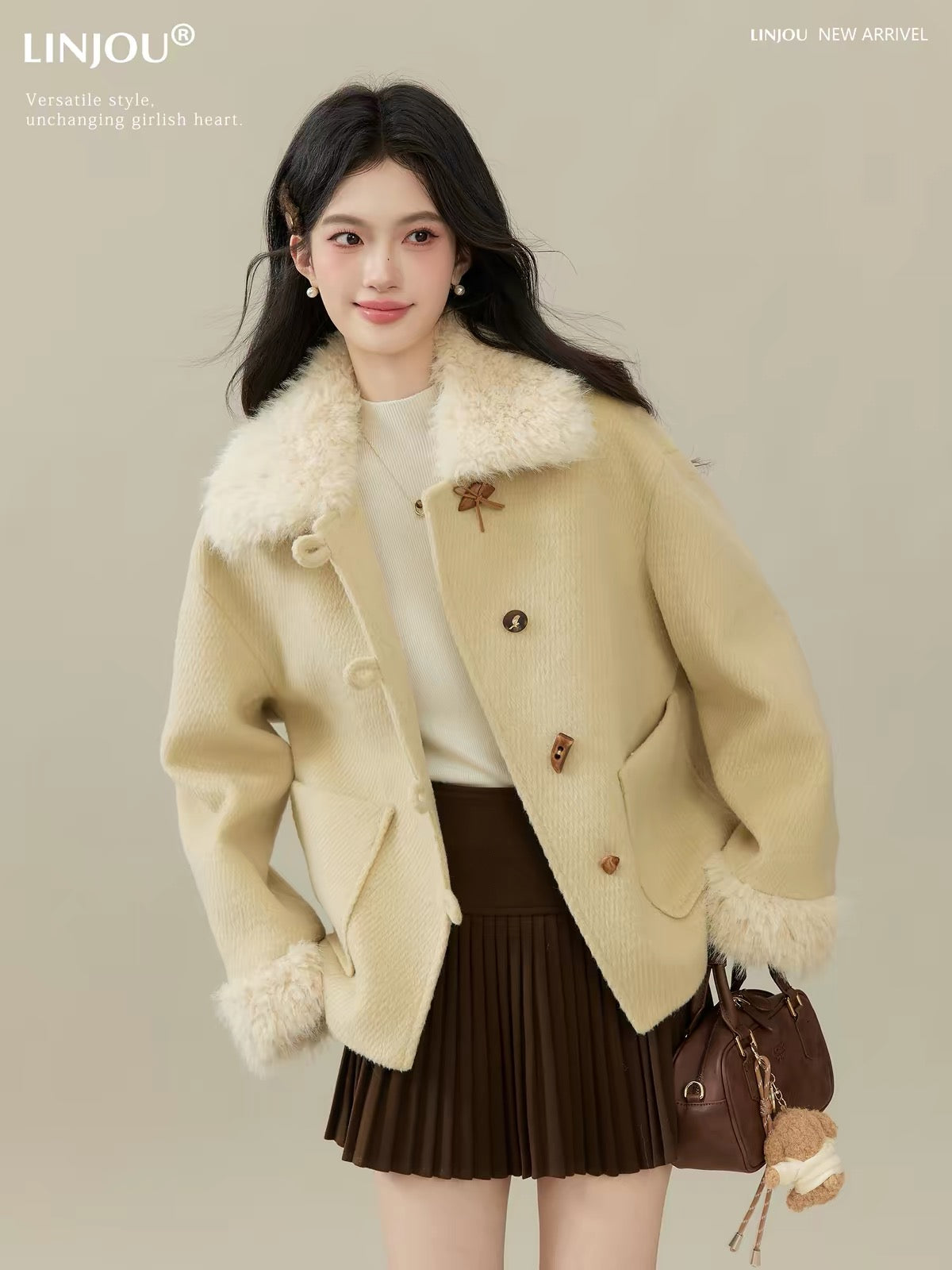 Lingjiu "Su Rong Qing Kou" Women's Cropped Wool-Blend Jacket with Lapel – 2026 New Loose-Fit Petite Wool Coat