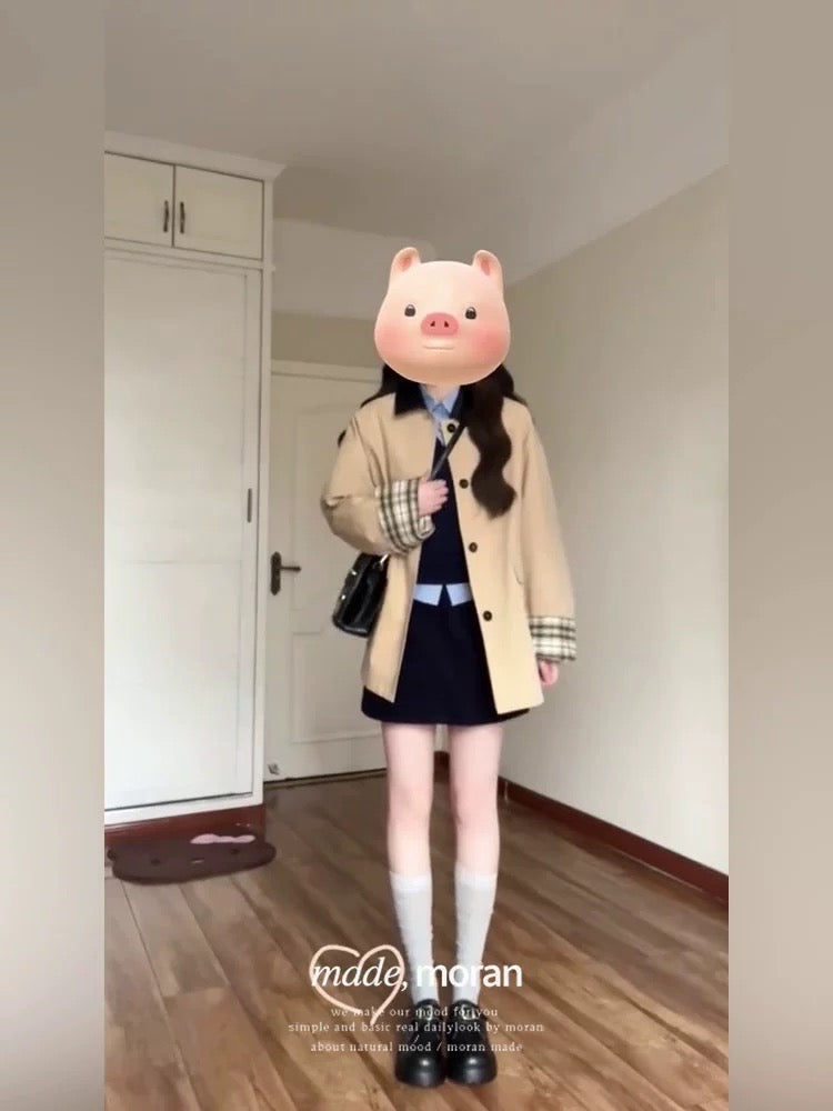 Retro British style pattern patchwork short windbreaker coat for women autumn petite loose design jacket top