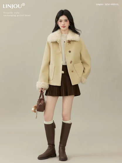 Lingjiu "Su Rong Qing Kou" Women's Cropped Wool-Blend Jacket with Lapel – 2026 New Loose-Fit Petite Wool Coat
