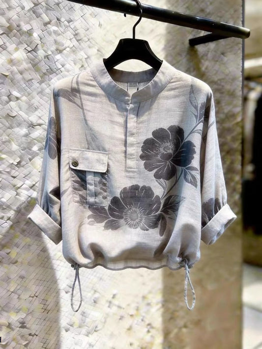 Store-exclusive: New arrival—a stylish, loose-fitting, and versatile grey stand-collar shirt for women, featuring a floral print and a chic Korean-style office-ready look.