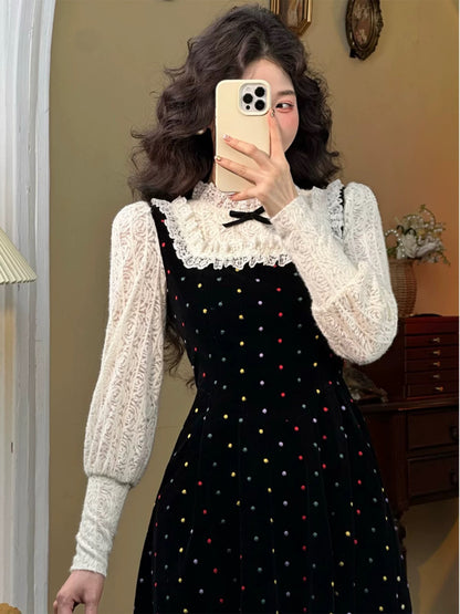 Mrs. Xiao's French Hepburn style starry velvet lace stitching fake two-piece dress for women