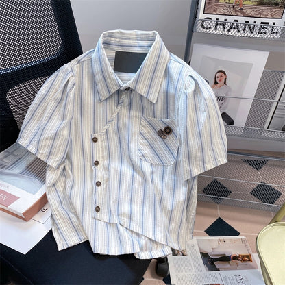 Design niche irregular striped short-sleeved shirt for women 2023 new summer college style casual short top