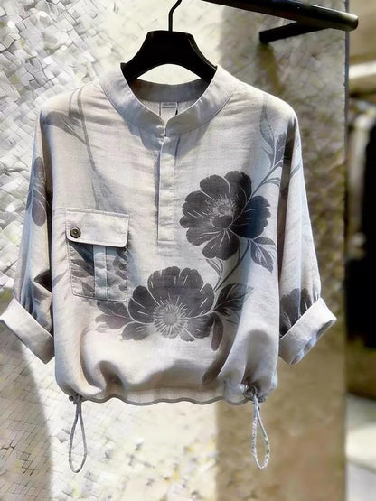 Store-exclusive: New arrival—a stylish, loose-fitting, and versatile grey stand-collar shirt for women, featuring a floral print and a chic Korean-style office-ready look.