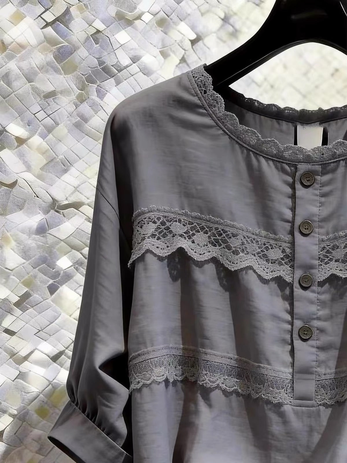 Boutique-quality unique grey lace top—distinctive design, plus-size, and slimming fit (2026 Summer New Arrival).