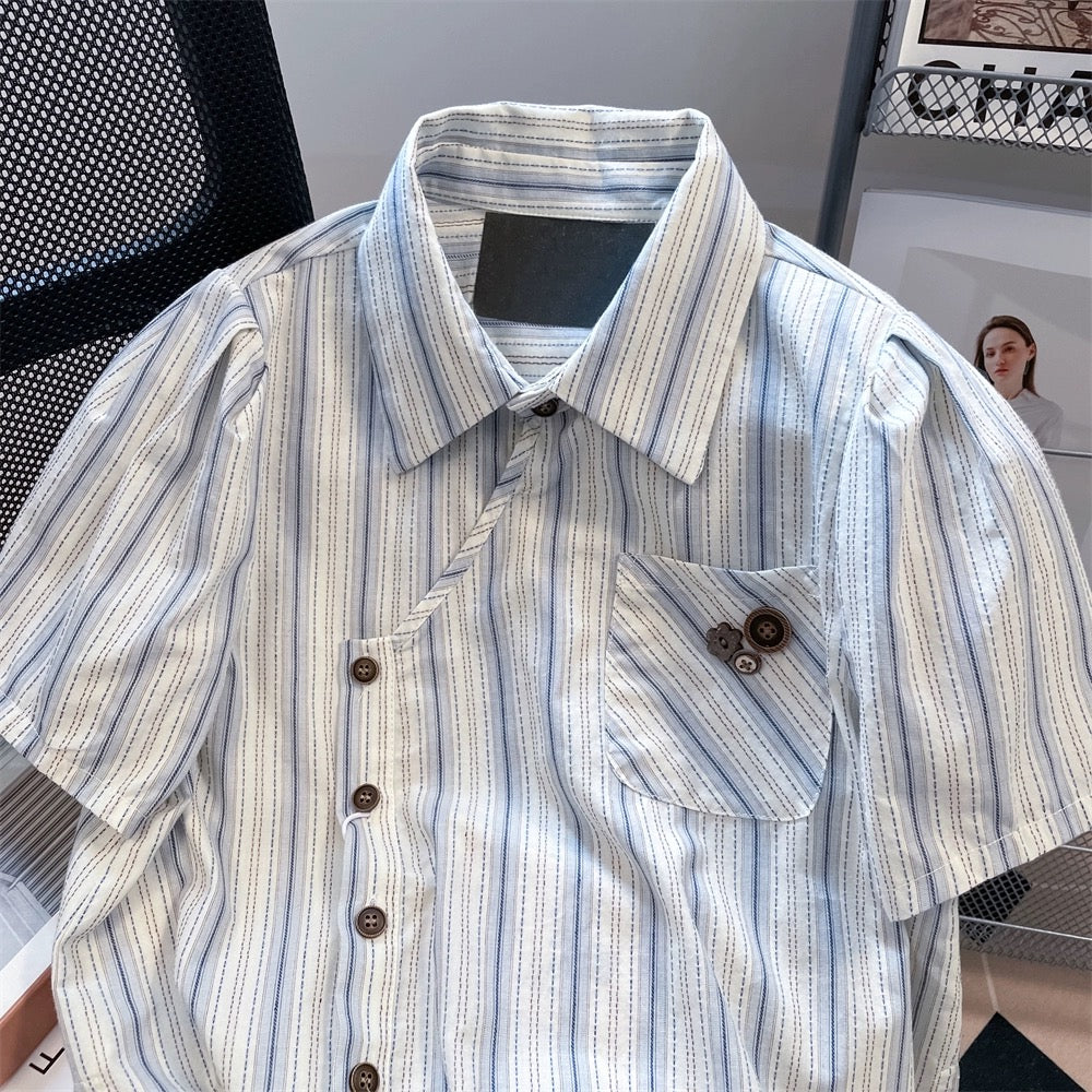 Design niche irregular striped short-sleeved shirt for women 2023 new summer college style casual short top